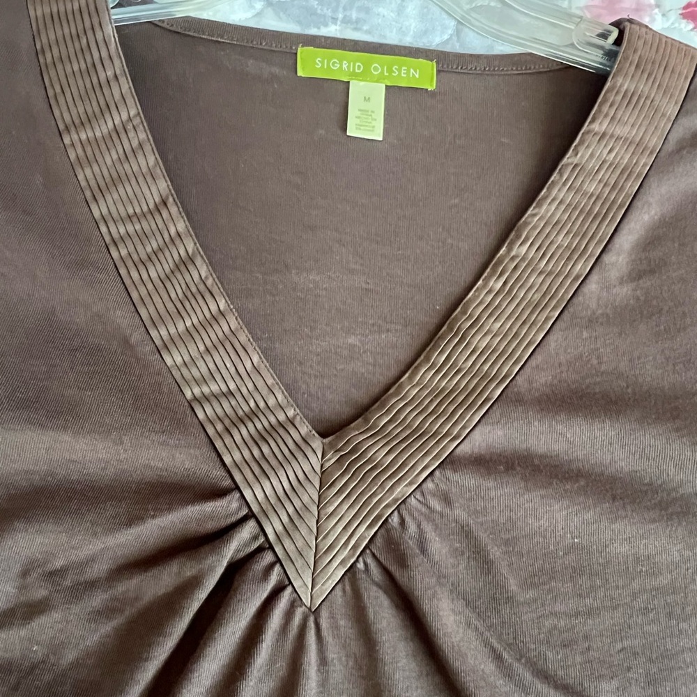 Sigrid Olsen Brown V-Neck 100% Cotton Long Sleeve Top Women’s Medium - Picture 5 of 8